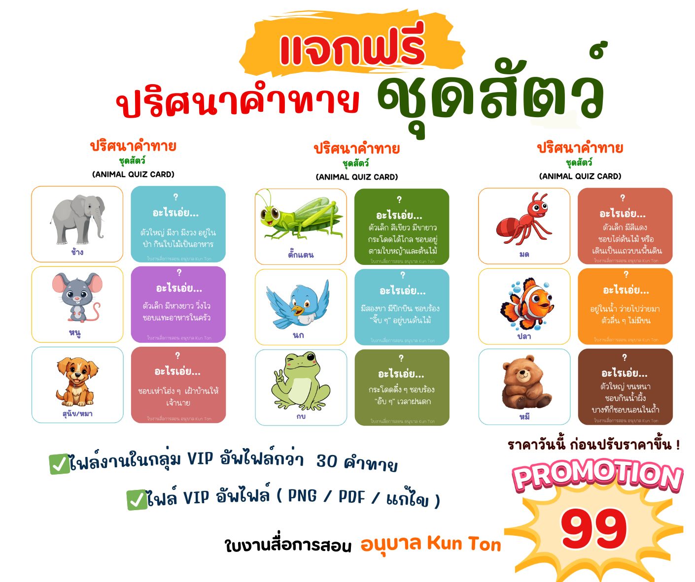 แจกฟรี! ใบงานสื่อการสอน ปริศนาคำทาย ชุดสัตว์ (Animal Quiz Card) ไฟล์ PDF พร้อมพิมพ์