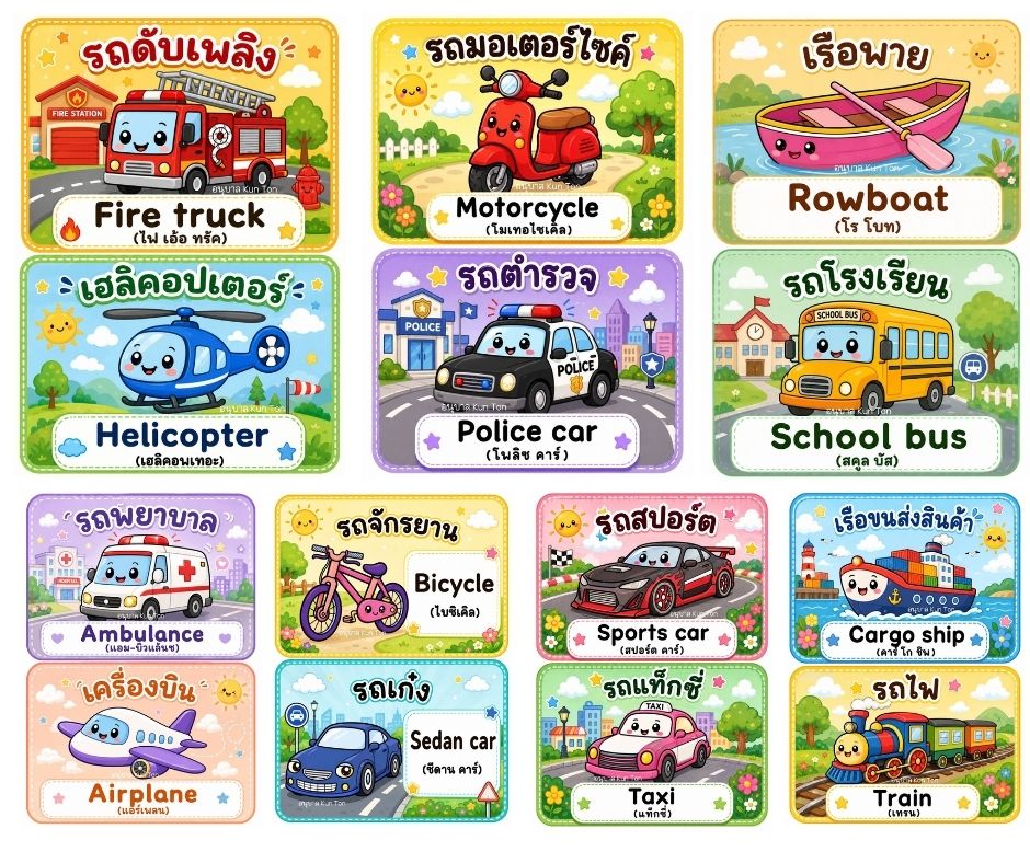 บัตรคำยานพาหนะ อนุบาล โหลดฟรี PDF มีคำศัพท์ไทย-อังกฤษ พร้อมคำอ่าน